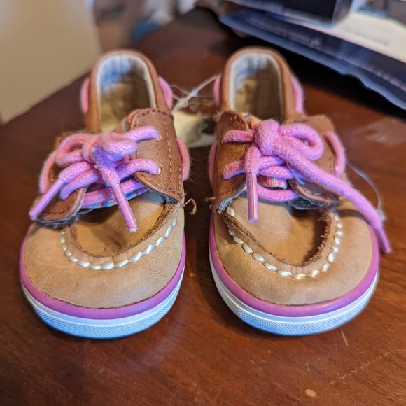 Sperry Other - Sperry Pink & Tan Baby Moccasins sz 2M Hook & Loop Closure NWOT Leather Upper
